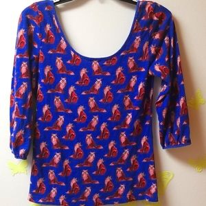 Anthtopologie Postmark Blue Fox Print Woodland Boatneck Rare Top XS
